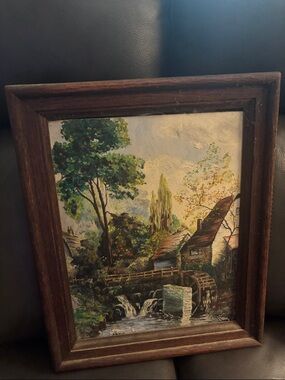 Rustic Countryside Watermill Canvas Art - Green and Brown